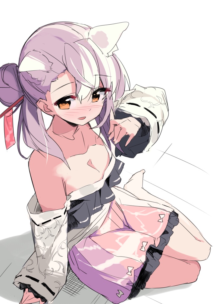 1girl, :d, animal_ears, bandages, bare_shoulders, bitto_(arnagle), black_ribbon, bow, brown_eyes, cowboy_shot, fangs, fox_ears, frilled_skirt, frills, hair_between_eyes, hair_ornament, hair_stick, hairpin, hanbok, kitsune_ga_boku_wo_matteiru, korean_clothes, long_hair, long_sleeves, looking_at_viewer, off_shoulder, open_mouth, pink_bow, pink_hair, pink_skirt, ponytail, print_skirt, ribbon, ribbon-trimmed_sleeves, ribbon_trim, shua_(kitsune_ga_boku_wo_matteiru), skirt, sleeves_past_fingers, sleeves_past_wrists, smile, solo