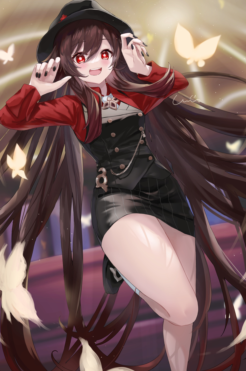 absurdres, alternate_costume, brown_hair, business_suit, claw_pose, fedora, formal_clothes, genshin_impact