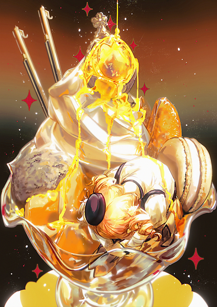 1girl, absurdres, black_headwear, blonde_hair, boots, canothy, commentary, cup