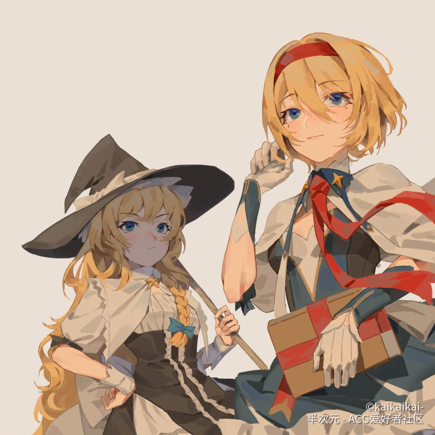 2girls, alice_margatroid, black_dress, black_headwear, blonde_hair, blue_bow, blue_dress, blue_eyes