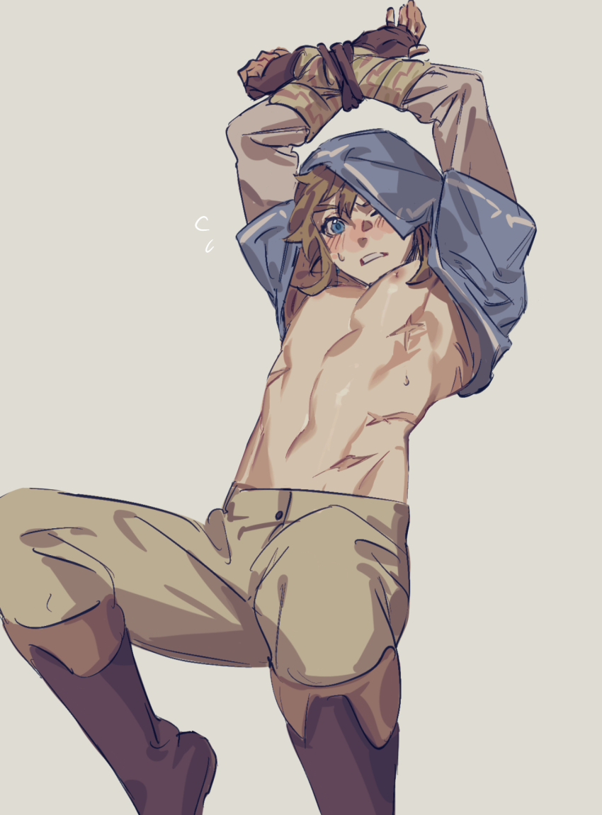 1boy, abs, arms_up, biceps, blonde_hair, blue_eyes, blue_shirt, blush