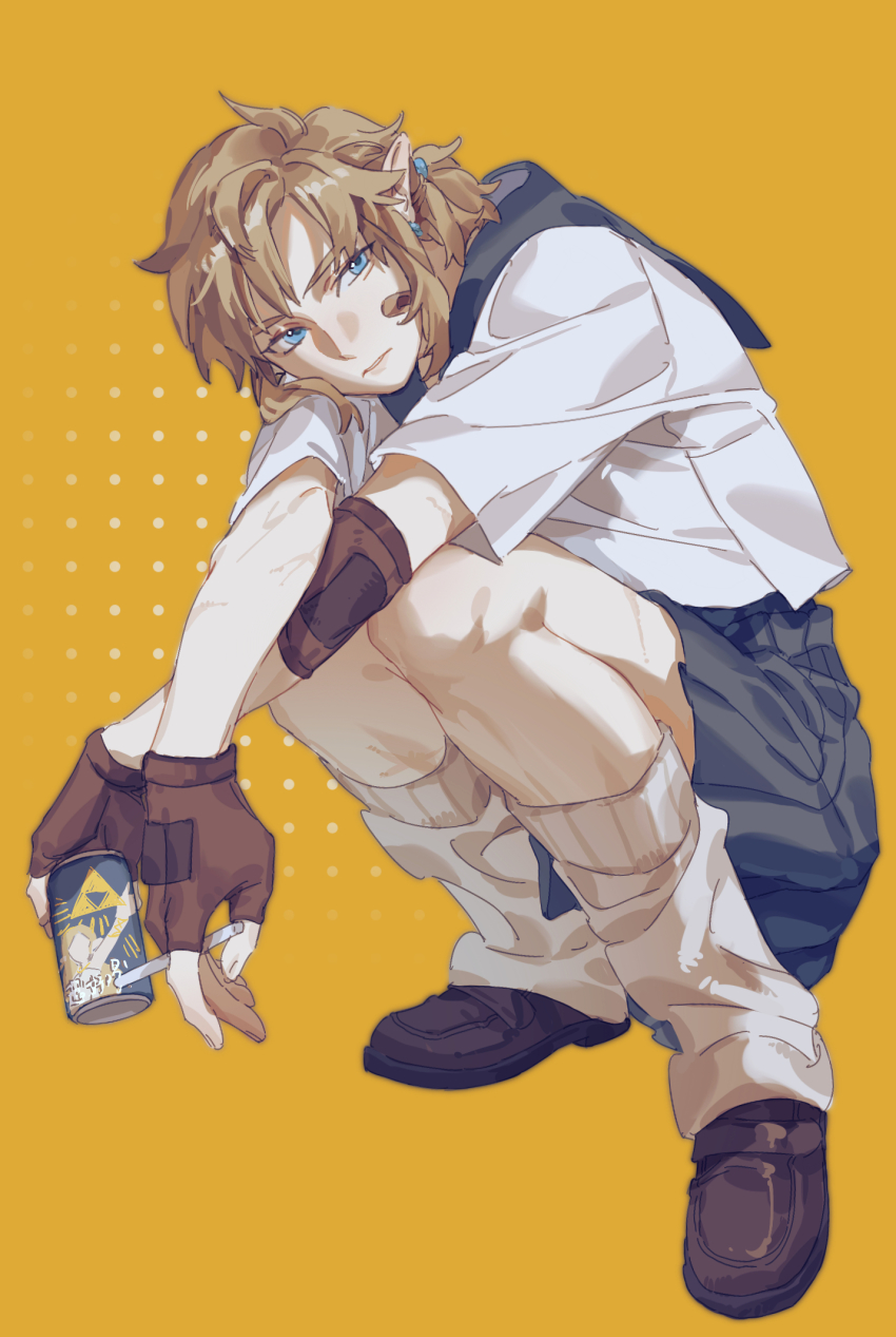 1boy, bandaid, beer_can, black_skirt, blonde_hair, blue_eyes, brown_footwear, brown_gloves