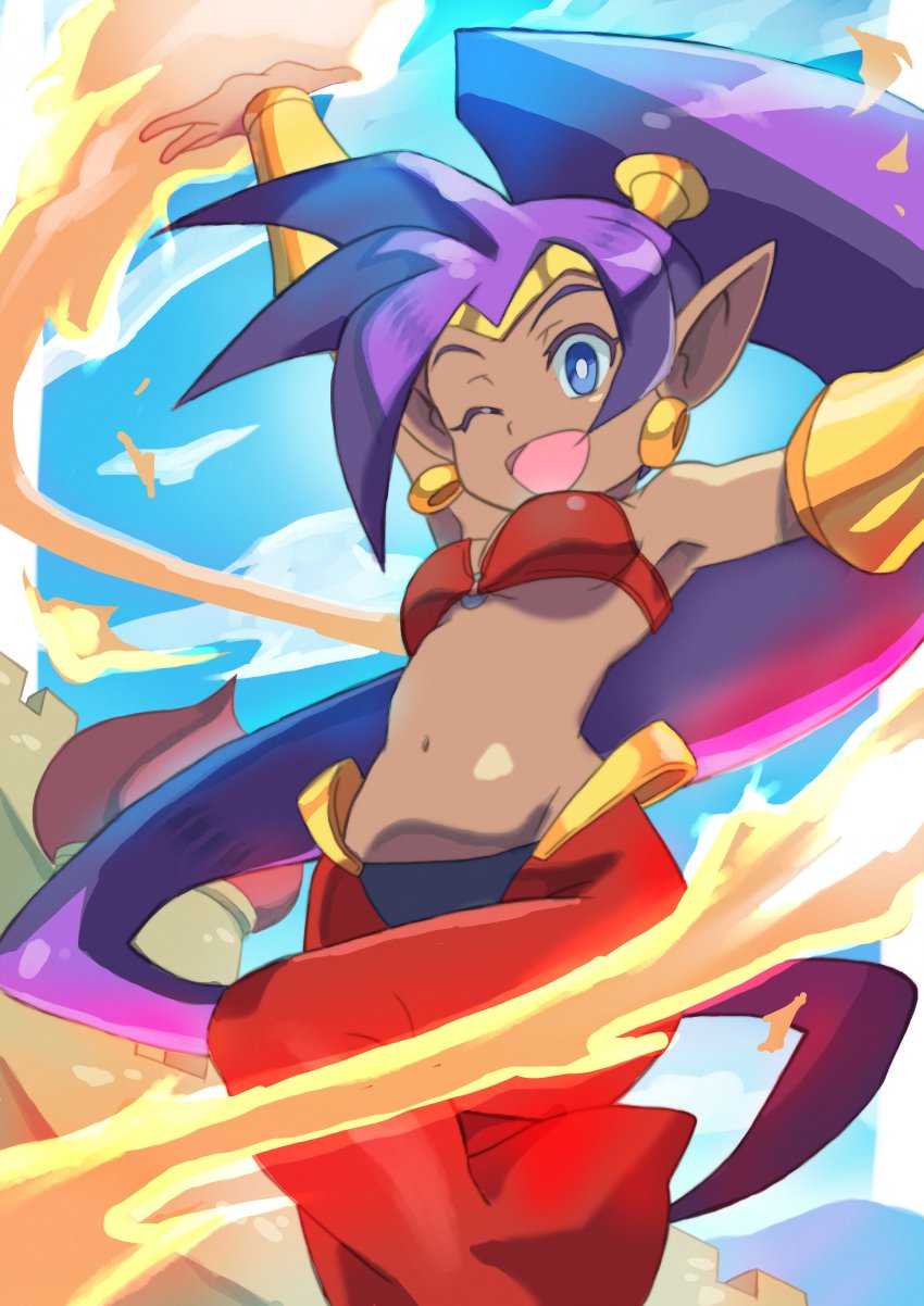 1girl, absurdres, bare_shoulders, blue_eyes, bra, breasts, dark-skinned_female, dark_skin, earrings, fire, highres, jewelry, katoramann, long_hair, one_eye_closed, pants, pointy_ears, ponytail, purple_hair, shantae, shantae_(series), small_breasts, underwear, very_long_hair
