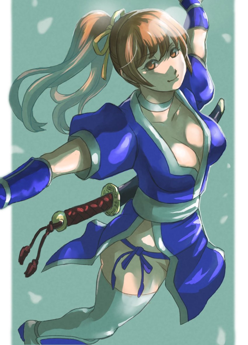 1girl, breasts, brown_eyes, brown_hair, cleavage, dead_or_alive, highres, kasumi_(doa)