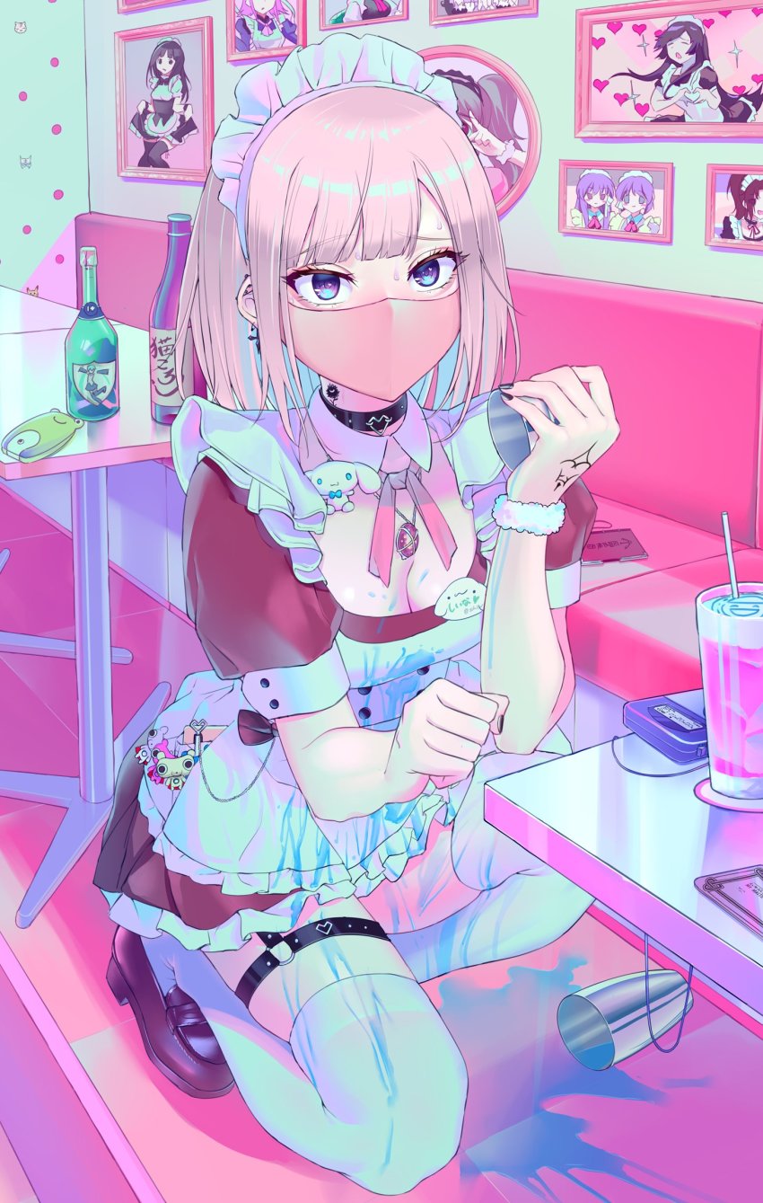 1girl, apron, blue_eyes, blue_hair, blunt_bangs, bottle, breasts, brown_shoes