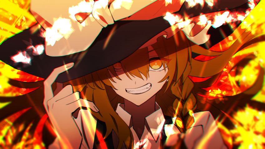 1girl, akaishi_yashi, blonde_hair, bow, braid, collared_shirt, fire, floating_hair