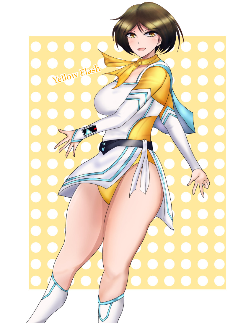 1girl, absurdres, brown_hair, chousinsei_flashman, highleg, highleg_leotard, highres, leotard