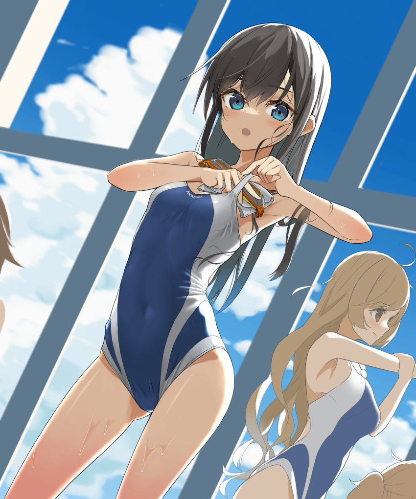 4girls, :o, ahoge, arashio_(kancolle), asashio_(kancolle), black_hair, blue_eyes, blue_one-piece_swimsuit