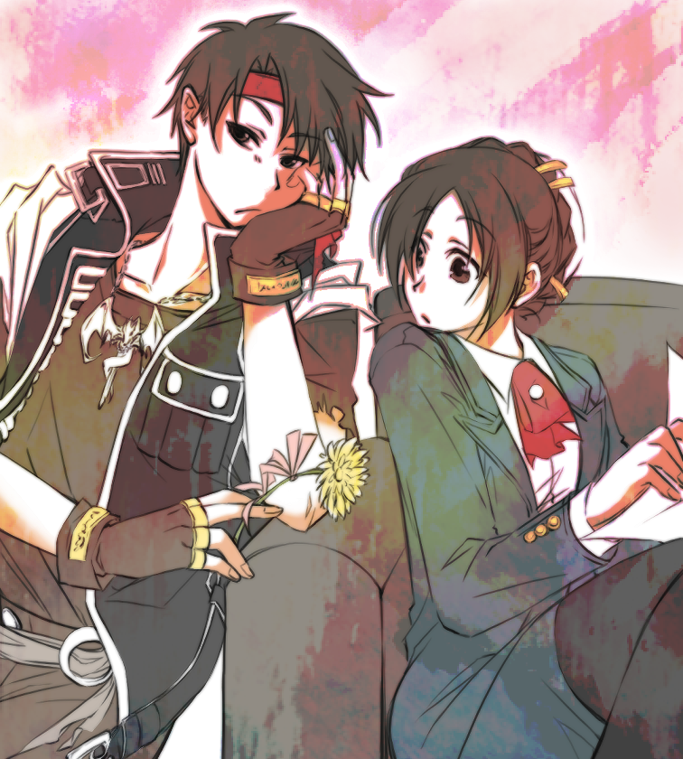 1boy, 1girl, black_hair, constance_magee, fingerless_gloves, flower, gloves, headband