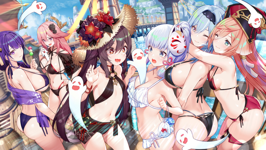 6+girls, akusema, antlers, arched_back, ass, ayaka_(genshin_impact), bare_shoulders, between_breasts, bikini, black_bikini, black_flower, black_rose, blue_hair, blue_sky, blunt_bangs, blurry, blurry_background, breasts, bridge, butt_crack, closed_mouth, cloud, cowboy_shot, dango, day, eula_(genshin_impact), fangs, fish, flower, food, foreshortening, fox_mask, frilled_bikini, frills, from_side, genshin_impact, ghost, goldfish, green_eyes, hair_between_eyes, hair_flower, hair_ornament, hairband, hand_on_own_hip, hands_up, hat, hat_flower, high_ponytail, highres, holding, holding_food, horns, hu_tao_(genshin_impact), large_breasts, leaning_forward, lower_teeth_only, mask, mask_on_head, medium_breasts, mole, mole_under_eye, mountain, multiple_girls, navel, o-ring, o-ring_bikini, o-ring_top, one_eye_closed, open_mouth, outdoors, pink_hair, ponytail, purple_bikini, purple_eyes, purple_hair, raiden_shogun, red_bikini, red_flower, rose, sanshoku_dango, shawl, shoulder_blades, side-tie_bikini_bottom, skin_fangs, sky, small_breasts, sparkle, standing, strap_gap, straw_hat, string_bikini, swimsuit, symbol-shaped_pupils, teeth, thigh_strap, thighs, twintails, twisted_torso, underboob, wagashi, water, white_bikini, yae_miko, yanfei_(genshin_impact)