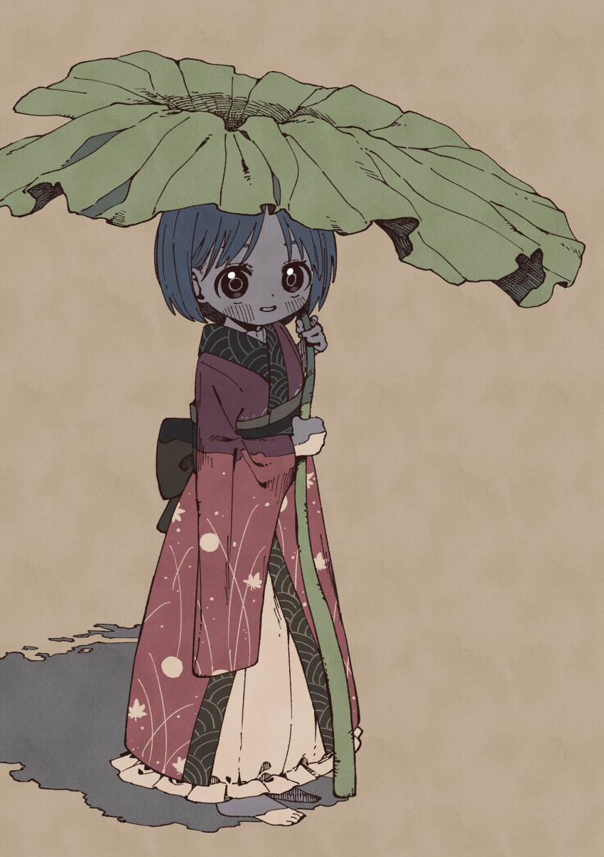 1girl, absurdres, back_bow, barefoot, black_bow, blush, bow, brown_background, butterbur, commentary, eyebrows_hidden_by_hair, full_body, highres, holding, holding_leaf, japanese_clothes, kimono, leaf, leaf_umbrella, long_sleeves, looking_at_viewer, mini_person, minigirl, nama_udon, parted_lips, purple_hair, purple_kimono, red_eyes, short_hair, simple_background, smile, solo, standing, sukuna_shinmyoumaru, touhou, wide_sleeves