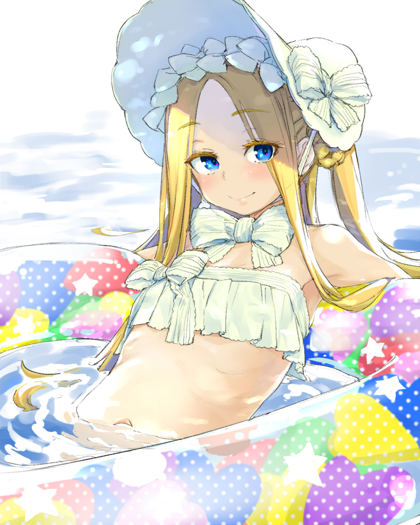 1girl, abigail_williams_(fate), abigail_williams_(swimsuit_foreigner)_(fate), abigail_williams_(swimsuit_foreigner)_(third_ascension)_(fate), bikini, blonde_hair, blue_eyes, blush, bonnet, bow, bowtie, breasts, fate/grand_order, fate_(series), flat_chest, forehead, hair_bow, hair_rings, innertube, long_hair, looking_at_viewer, multiple_hair_bows, navel, oyadi, parted_bangs, partially_submerged, small_breasts, smile, solo, strapless, strapless_bikini, swim_ring, swimsuit, upper_body, very_long_hair, water, white_bikini, white_bow, white_headwear