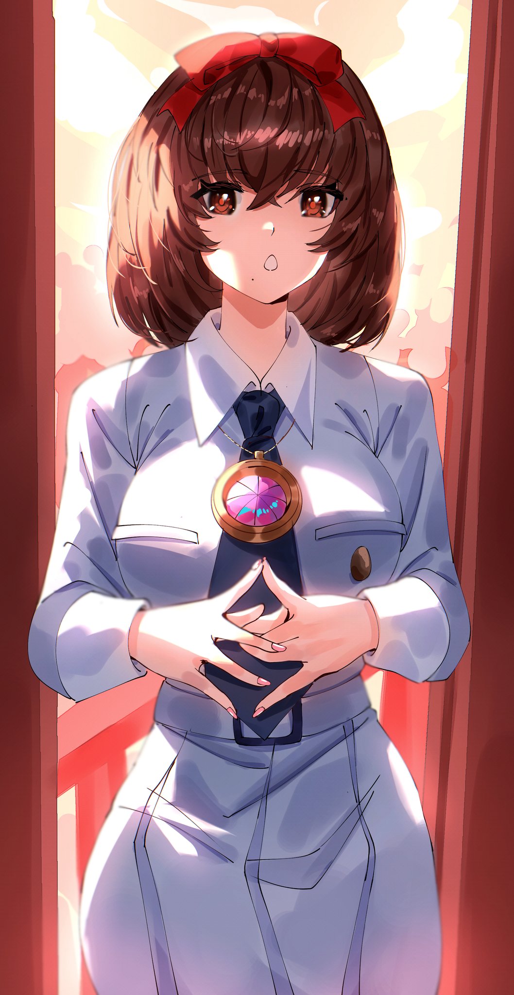 1girl, atlus, belt, belt_buckle, bow, breasts, brown_eyes, brown_hair