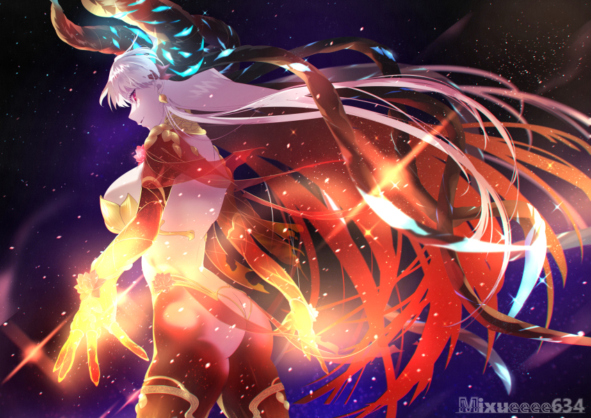 1girl, armlet, armor, ass, back, bikini_armor, blush, breasts, collar, crystal_horns, earrings, fate/grand_order, fate_(series), floating_earrings, gold_armlet, gold_thighlet, hair_ribbon, highres, horns, jewelry, kama_(adult)_(fate), kama_(beast_iii/l)_(fate), kama_(fate), large_breasts, long_hair, looking_at_viewer, looking_back, md5_mismatch, metal_collar, multicolored_hair, navel, orange_hair, parted_lips, red_eyes, resolution_mismatch, ribbon, sky, smile, soi_soi_(mixueeee634), solo, source_smaller, star_(sky), starry_sky, thighlet, thighs, two-tone_hair, white_hair