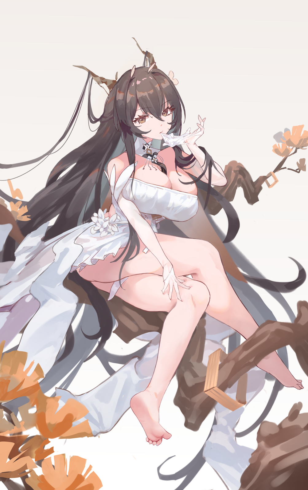 1girl, antlers, azur_lane, biting, biting_glove, black_hair, breasts, brown_eyes