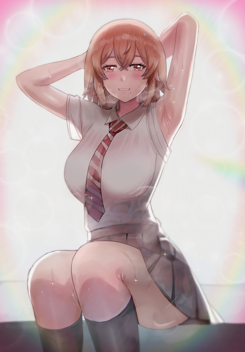 1girl, absurdres, armpits, arms_behind_head, arms_up, backlighting, blush, breasts, breath, collared_shirt, commission, eyelashes, hair_between_eyes, highres, kneehighs, large_breasts, necktie, rainbow, red_eyes, school_uniform, shirt, short_hair, short_sleeves, sitting, skirt, smile, socks, sparkle, stained_clothes, sweat, tachibana_hinata_(tokyo_revengers), tokyo_revengers, voidmakerz, white_shirt
