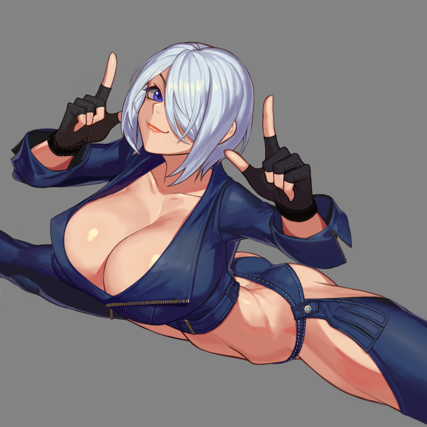 1girl, absurdres, angel_(kof), blue_eyes, bra, breasts, chaps, commission, cropped_jacket, fingerless_gloves, flexible, gloves, hair_over_one_eye, highres, horns_pose, index_fingers_raised, jacket, large_breasts, leather, leather_jacket, side_sitting_split, sitting_split, snk, split, spread_legs, strapless, strapless_bra, the_king_of_fighters, the_king_of_fighters_xiv, thighs, ti_tentacle, toned, underwear