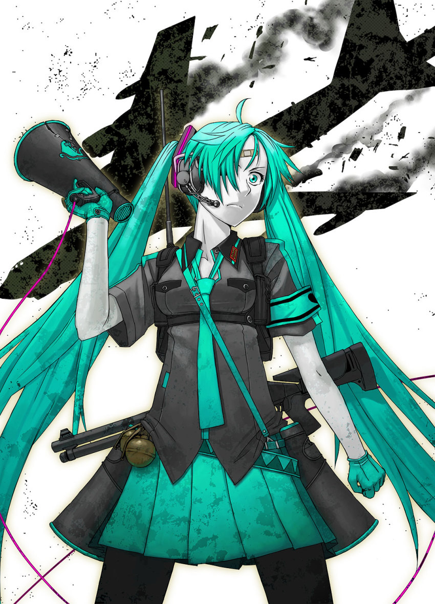 1girl, aircraft, airplane, aqua_hair, b-52_stratofortress, bandaid, explosive, female_focus