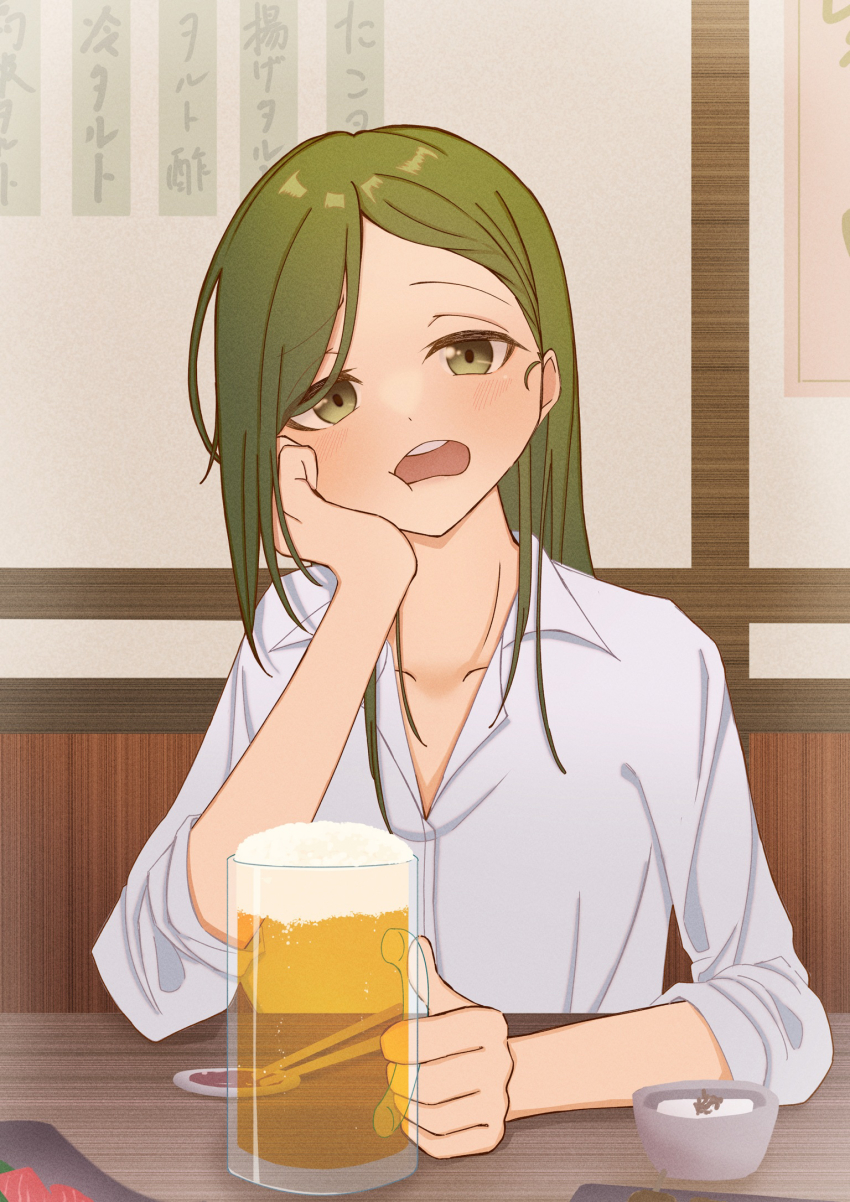 1girl, :o, alcohol, beer, beer_mug, blush, collarbone, cup, green_eyes, green_hair, hand_on_own_cheek, hand_on_own_face, head_rest, highres, idolmaster, idolmaster_shiny_colors, long_hair, looking_at_viewer, mug, nanakusa_hazuki, nasu_danshaku, outdoors, restaurant, round_teeth, shirt, solo, straight_hair, teeth, white_shirt