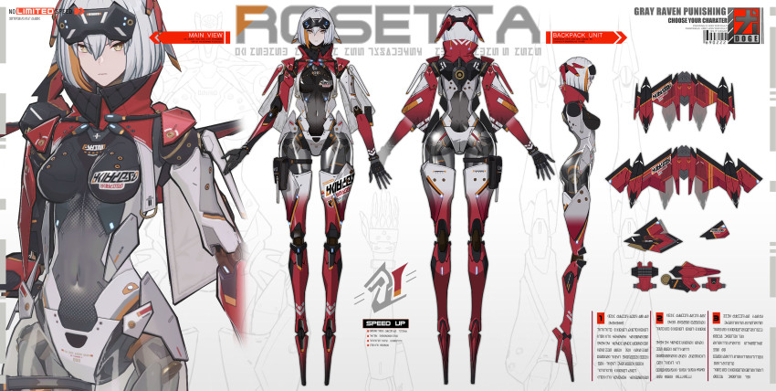 1girl, android, arms_at_sides, breasts, reference_sheet, commentary_request, forehead_protector, from_behind, from_side, full_body, highres, joints, lanyaojun, looking_at_viewer, medium_breasts, multiple_views, navel, original, pouch, punishing:_gray_raven, robot_joints, rosetta:_rigor_(niki_us1000)_(pgr), rosetta:_rigor_(pgr), rosetta_(pgr), see-through_body, see-through_clothes, thigh_pouch, white_hair, yellow_eyes, zoom_layer