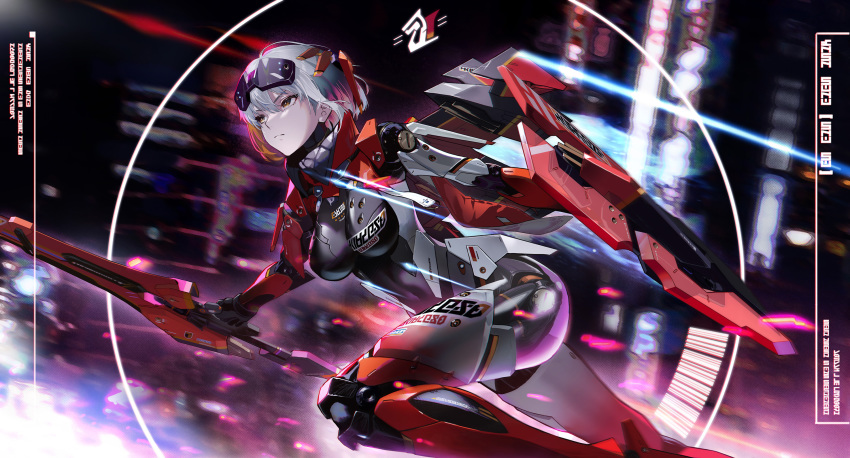 1girl, android, breasts, commentary_request, forehead_protector, highres, holding, holding_polearm