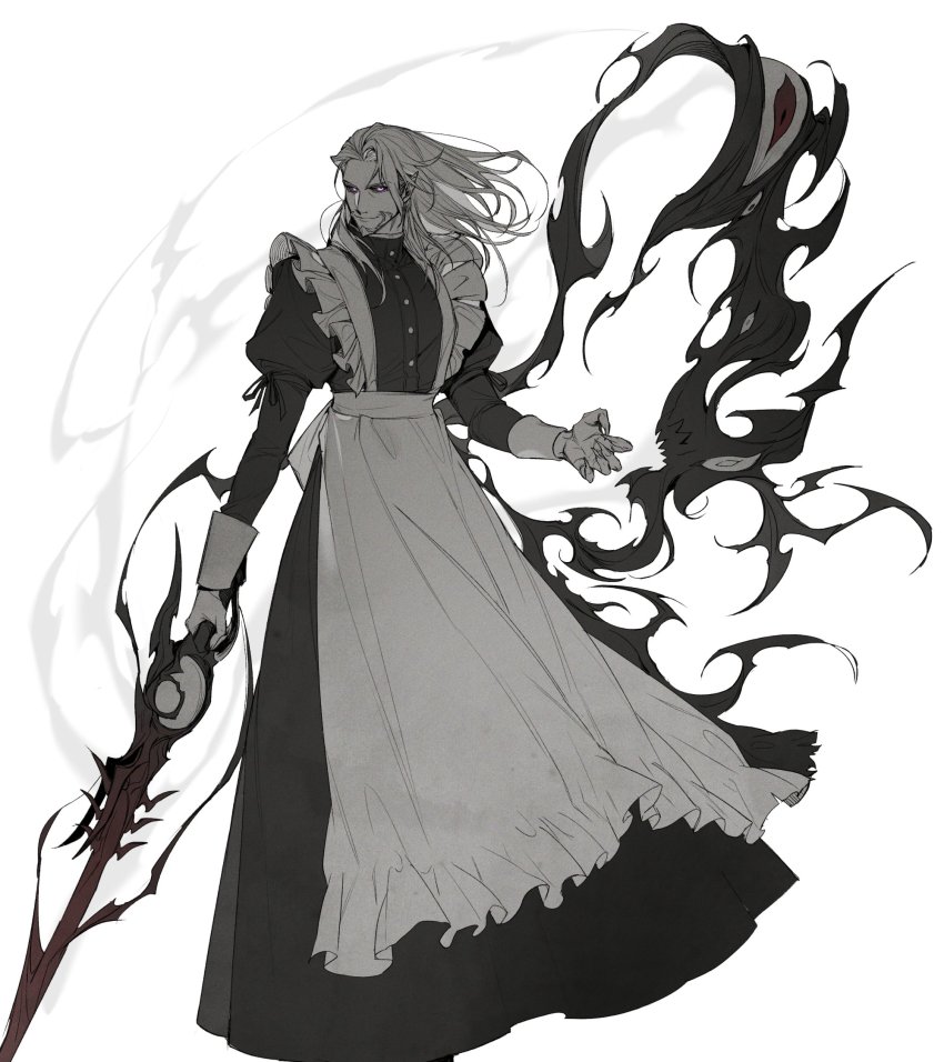 1boy, alternate_costume, apron, baebabaego, beard, black_dress, black_sclera, buttons, colored_sclera, commentary_request, crossdressing, crossdressing_(mtf), dress, energy, facial_hair, feet_out_of_frame, final_fantasy, final_fantasy_xiv, fingernails, floating_hair, frilled_apron, frills, glowing, glowing_eyes, greyscale, hesperos, highres, holding, holding_sword, holding_weapon, juliet_sleeves, korean_commentary, long_sleeves, looking_at_viewer, maid, maid_apron, male_focus, male_maid, mature_male, medium_hair, monochrome, pink_eyes, pointy_ears, puffy_sleeves, sharp_fingernails, simple_background, smile, solo, spot_color, standing, sword, weapon, white_background