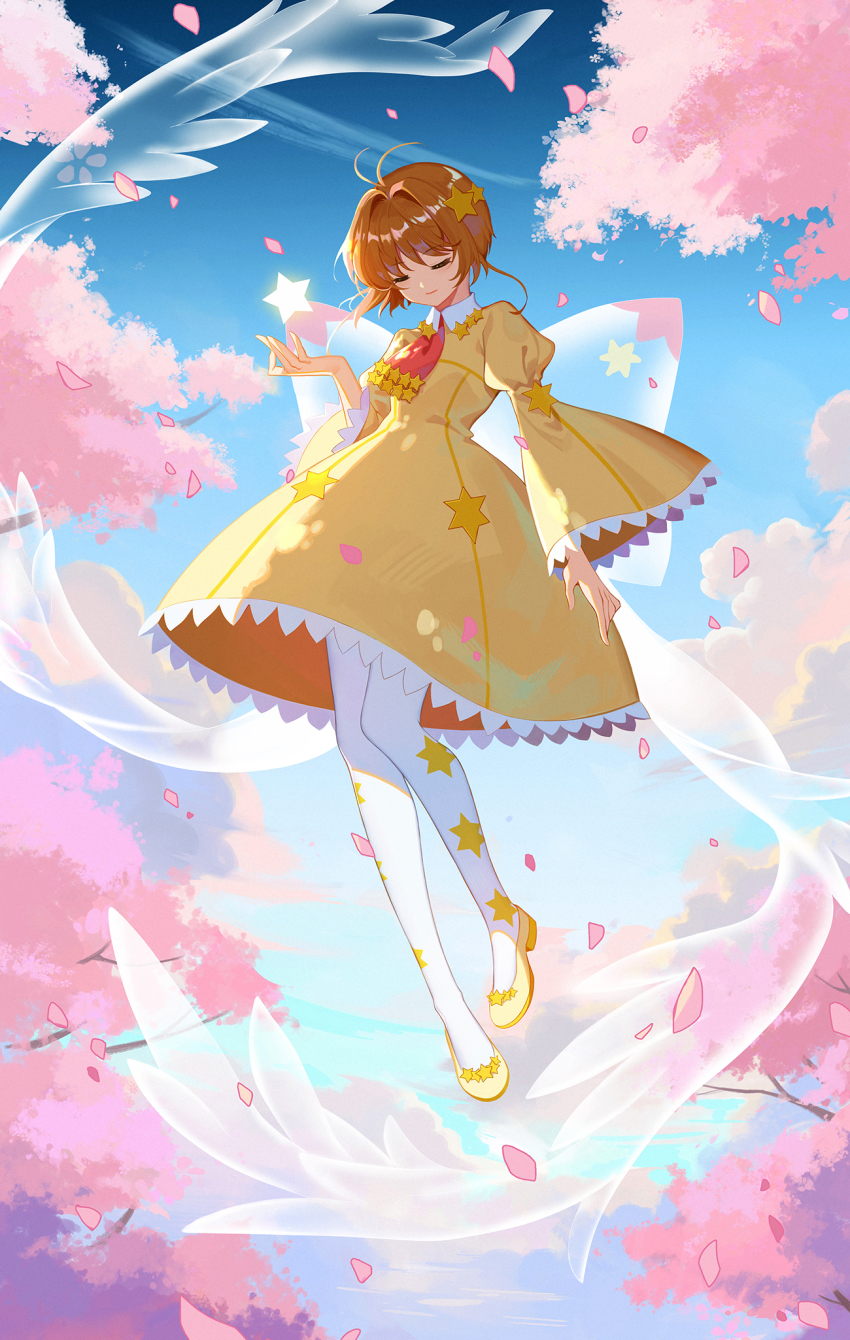 1girl, antenna_hair, blue_sky, bow, brown_hair, cardcaptor_sakura, cherry_blossoms, closed_eyes