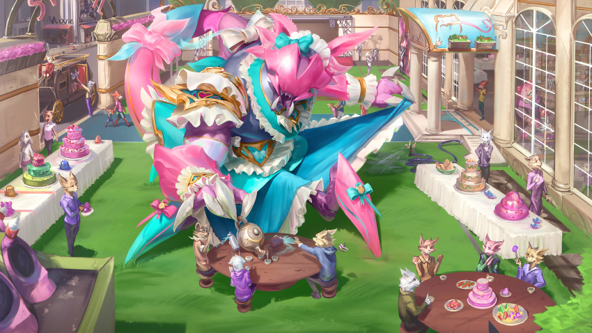 6+boys, 6+girls, absurdres, alternate_costume, annie_(league_of_legends), bow, building, cafe_cuties_(league_of_legends), cafe_cuties_annie, cafe_cuties_tibbers, cake, claws, colored_skin, cup, dress, fangs, food, frilled_dress, frills, furry, furry_female, furry_male, grass, green_dress, highres, jacket, league_of_legends, long_sleeves, mug, multiple_boys, multiple_girls, official_alternate_costume, outdoors, pink_bow, pink_skin, rek'sai, sharp_teeth, shoes, table, teacup, teeth, window, wutu_(1183238220)