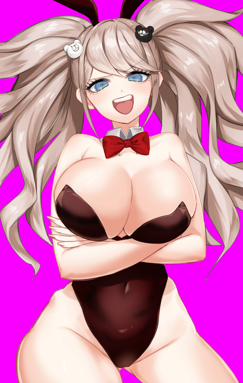 1girl, :d, absurdres, alternate_costume, animal_ears, arms_under_breasts, bare_arms, bare_shoulders, bow, bowtie, breasts, brown_leotard, cleavage, covered_navel, cowboy_shot, crossed_arms, danganronpa:_trigger_happy_havoc, danganronpa_(series), detached_collar, enoshima_junko, fake_animal_ears, grey_eyes, groin, highres, huge_breasts, large_breasts, leotard, light_brown_hair, long_hair, looking_at_viewer, nidoneane, open_mouth, pink_background, playboy_bunny, red_bow, red_bowtie, smile, solo, teeth, twintails, upper_teeth_only