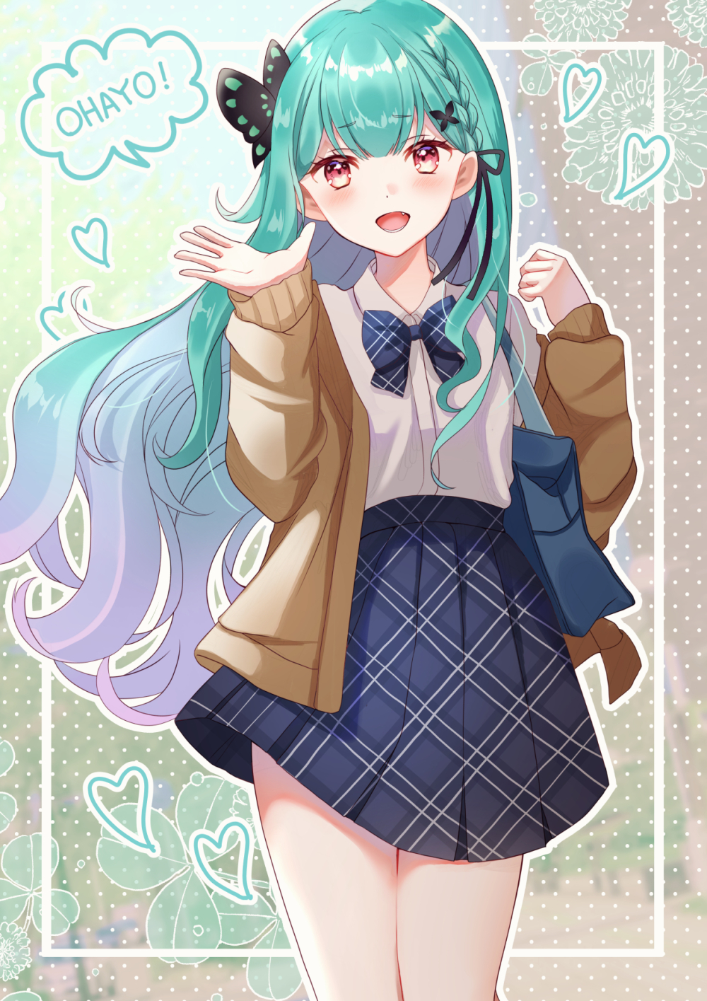 1girl, :d, bag, blue_hair, blush, bow, bowtie, braid
