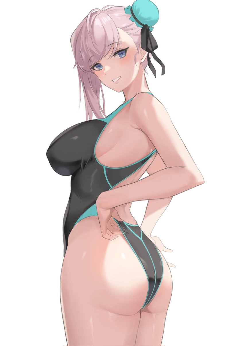 1girl, adjusting_clothes, ass, black_ribbon, blue_eyes, breasts, competition_swimsuit, fate/grand_order, fate_(series), fromgod_jungle, hand_on_own_hip, highres, large_breasts, looking_at_viewer, miyamoto_musashi_(fate), miyamoto_musashi_(fate/grand_order), miyamoto_musashi_(swimsuit_berserker)_(fate), miyamoto_musashi_(swimsuit_berserker)_(first_ascension)_(fate), one-piece_swimsuit, ribbon, sideboob, simple_background, solo, swimsuit, white_background