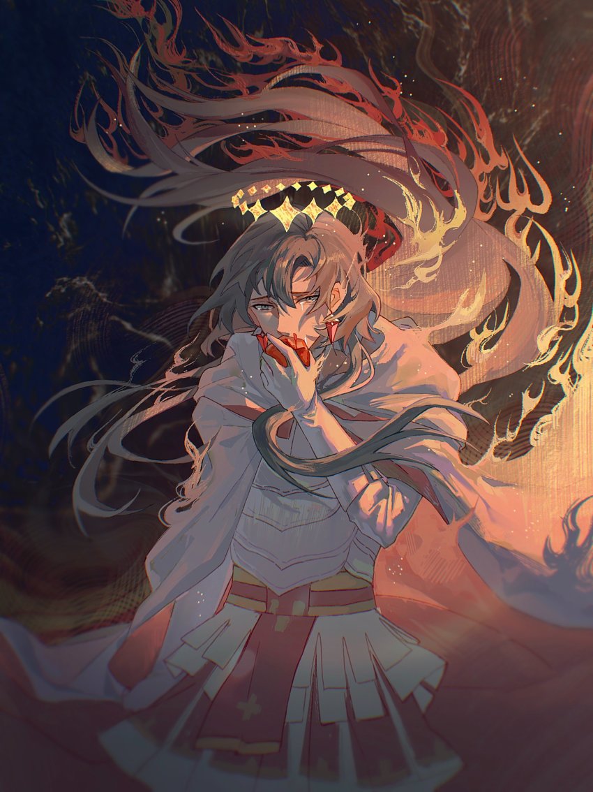 1boy, absurdres, alternate_hairstyle, apple, armor, cape, chinese_commentary, commentary_request, constantine_xi_(fate), constantine_xi_(third_ascension)_(fate), crown, crying, diamond_hairband, earrings, fate/grand_order, fate_(series), floating_crown, food, fruit, gloves, grey_eyes, highres, holding, holding_food, holding_fruit, jewelry, jing84672940, light_particles, long_hair, male_focus, official_alternate_costume, sad, solo, teardrop, tears, upper_body, white_armor, white_cape, white_gloves