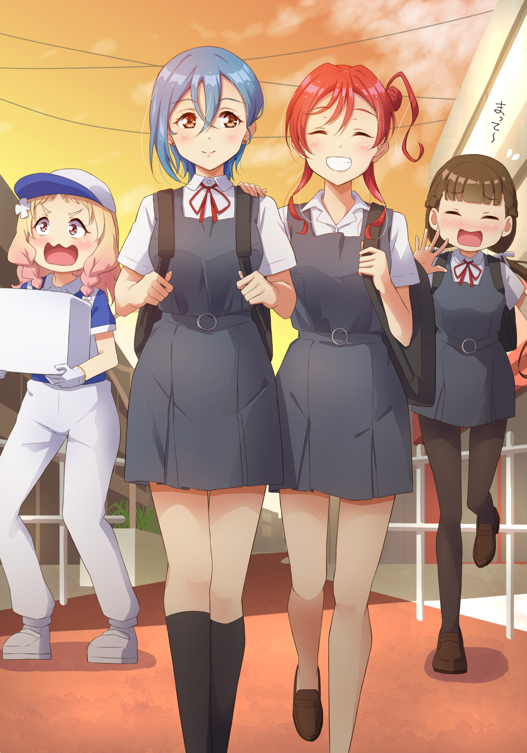 4girls, blonde_hair, blue_hair, blush, brown_hair, carrying, closed_eyes, cloud