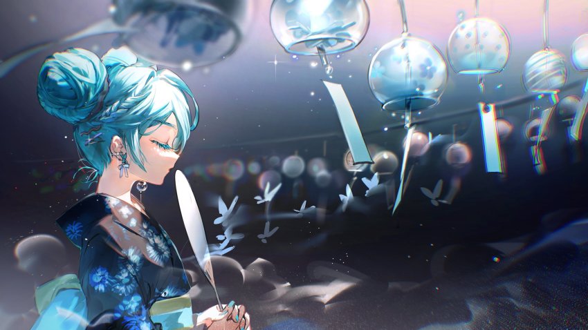 1girl, aqua_hair, black_kimono, blue_butterfly, blurry, blurry_background, bug, butterfly