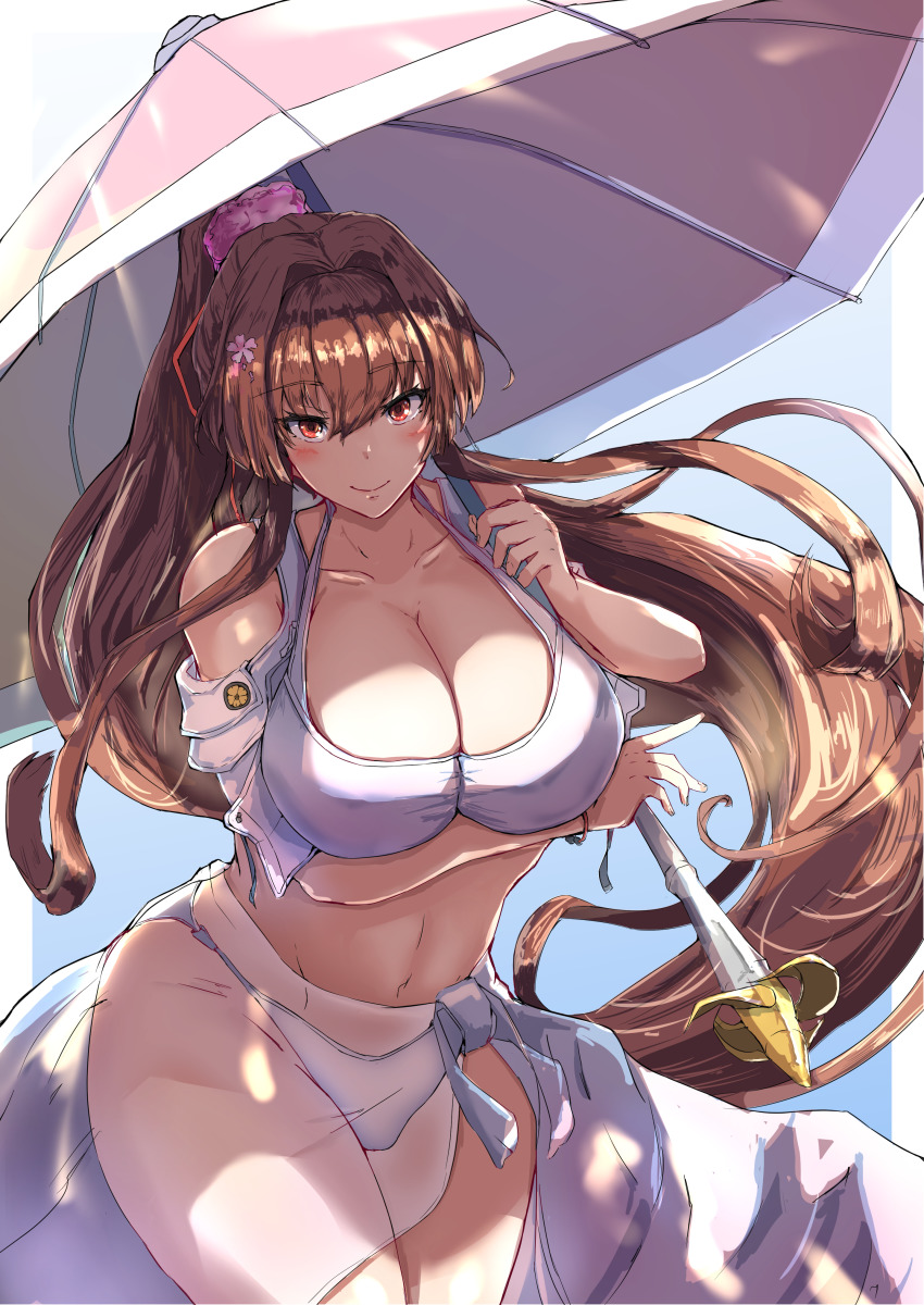 1girl, absurdres, arm_under_breasts, beach_umbrella, bikini, breasts, brown_hair, cleavage, collarbone, curvy, flower, hair_flower, hair_intakes, hair_ornament, highres, huge_breasts, kantai_collection, kurage_ituki, large_breasts, long_hair, looking_at_viewer, official_alternate_costume, propeller, red_eyes, sarong, see-through_clothes, see-through_sarong, sidelocks, smile, solo, swimsuit, umbrella, very_long_hair, white_bikini, wide_hips, yamato_(kancolle), yamato_kai_ni_(kancolle), yamato_kai_ni_(swimsuit)_(kancolle)