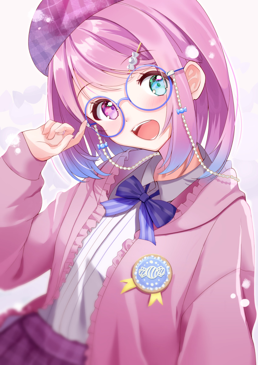 1girl, :d, badge, beret, blue-framed_eyewear, blue_eyes, blurry, blurry_foreground