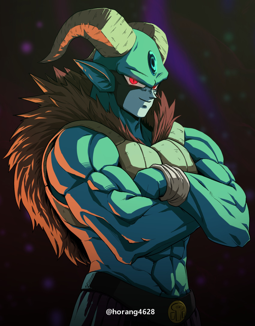 1boy, blue_skin, closed_mouth, colored_skin, crossed_arms, dragon_ball, dragon_ball_super, forehead_jewel, highres, horang4628, male_focus, moro_(dragon_ball), muscular, muscular_male, pointy_ears, red_eyes, slit_pupils, smile, solo