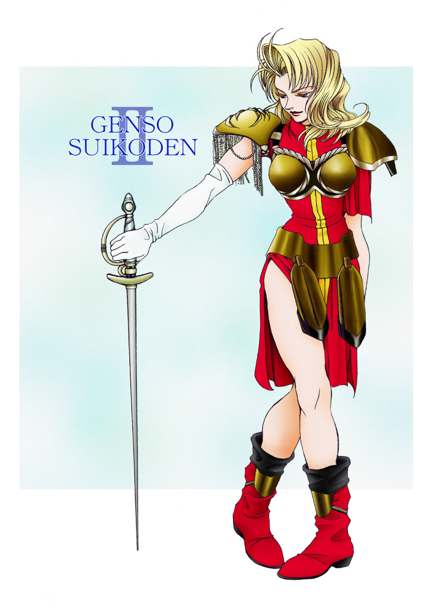 1girl, armor, blonde_hair, blue_eyes, boots, breasts, female_focus, full_body