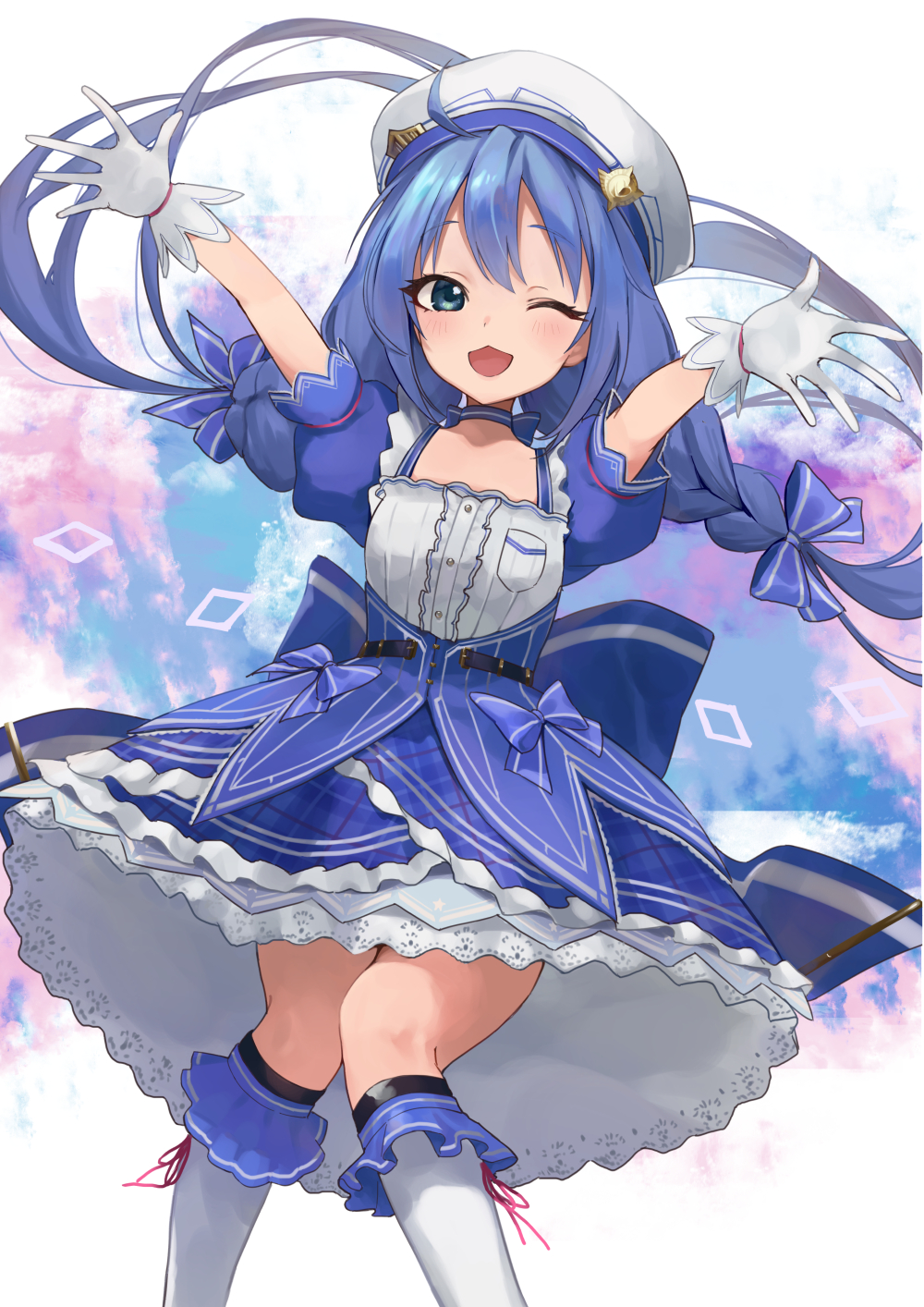 1girl, ;d, beret, braid, dress, gloves, hat, highres