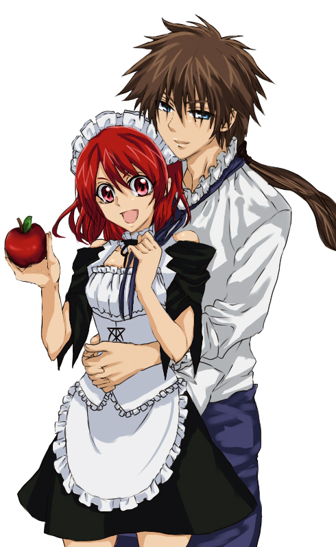 1boy, 1girl, alternate_costume, apple, bad_id, bad_pixiv_id, cecily_cambell, enmaided