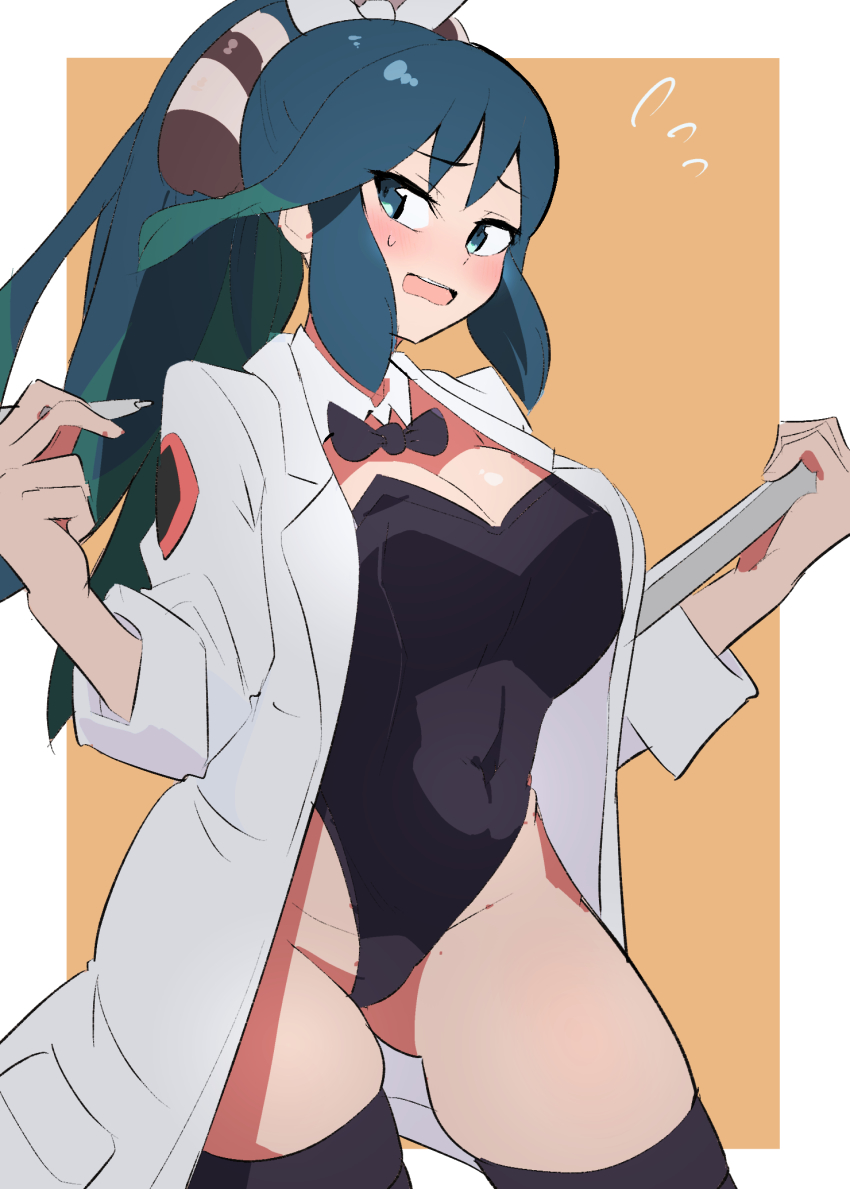 1girl, animal_ears, black_leotard, blush, bow, bowtie, breasts, cleavage