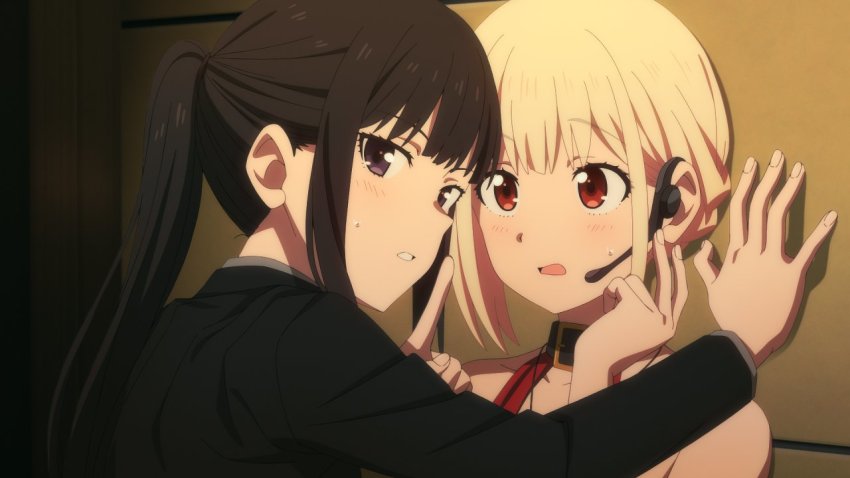 2girls, bare_shoulders, black_choker, black_hair, black_suit, blonde_hair, blush, choker, dress, finger_to_mouth, formal_clothes, inoue_takina, kabedon, looking_at_another, looking_at_viewer, lycoris_recoil, microphone, multiple_girls, nishikigi_chisato, ponytail, purple_eyes, red_eyes, short_hair, shushing, shy, suit, sweatdrop, un403lucky, yuri