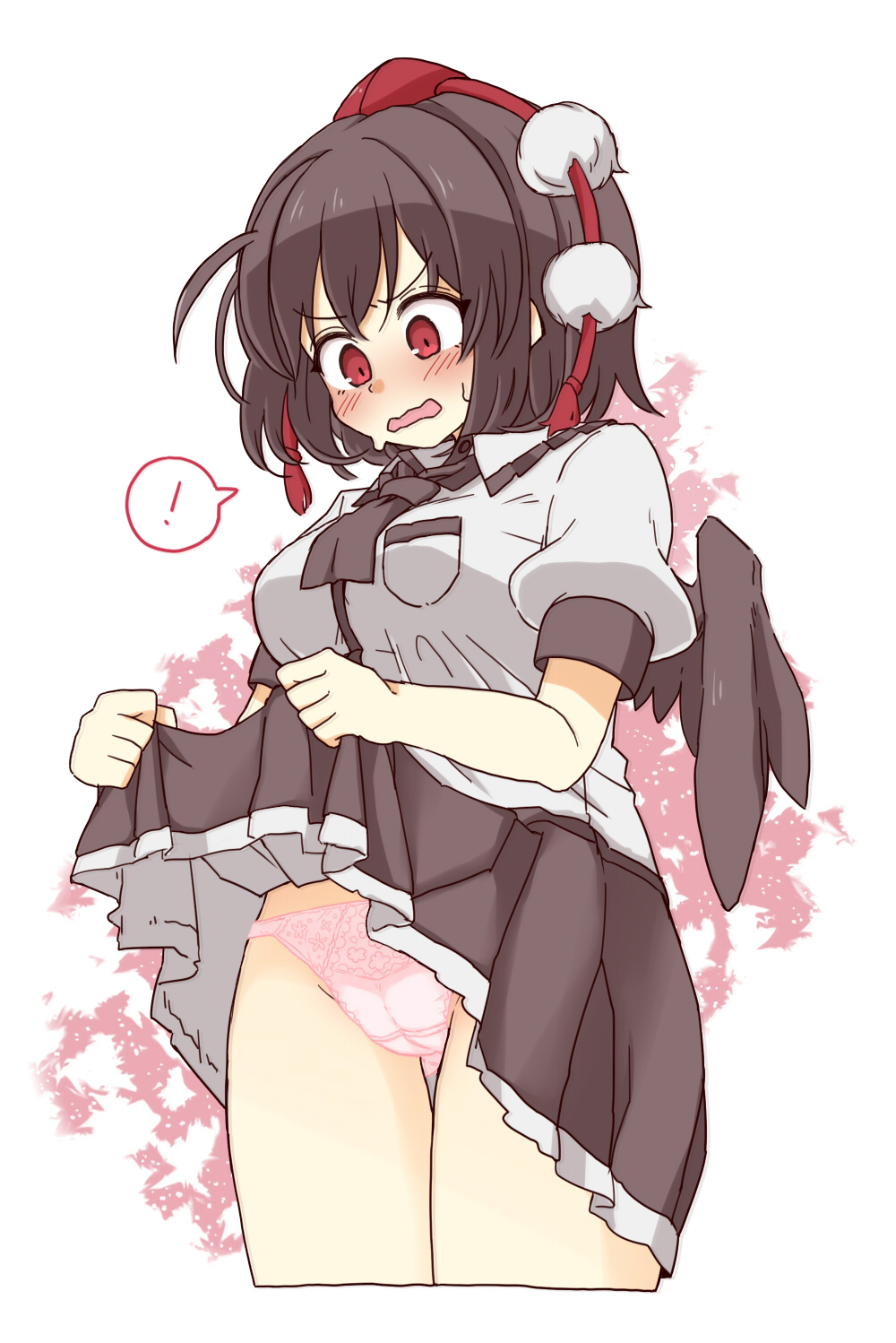 1girl, bird_wings, black_hair, black_ribbon, black_skirt, black_wings, collared_shirt, frilled_skirt
