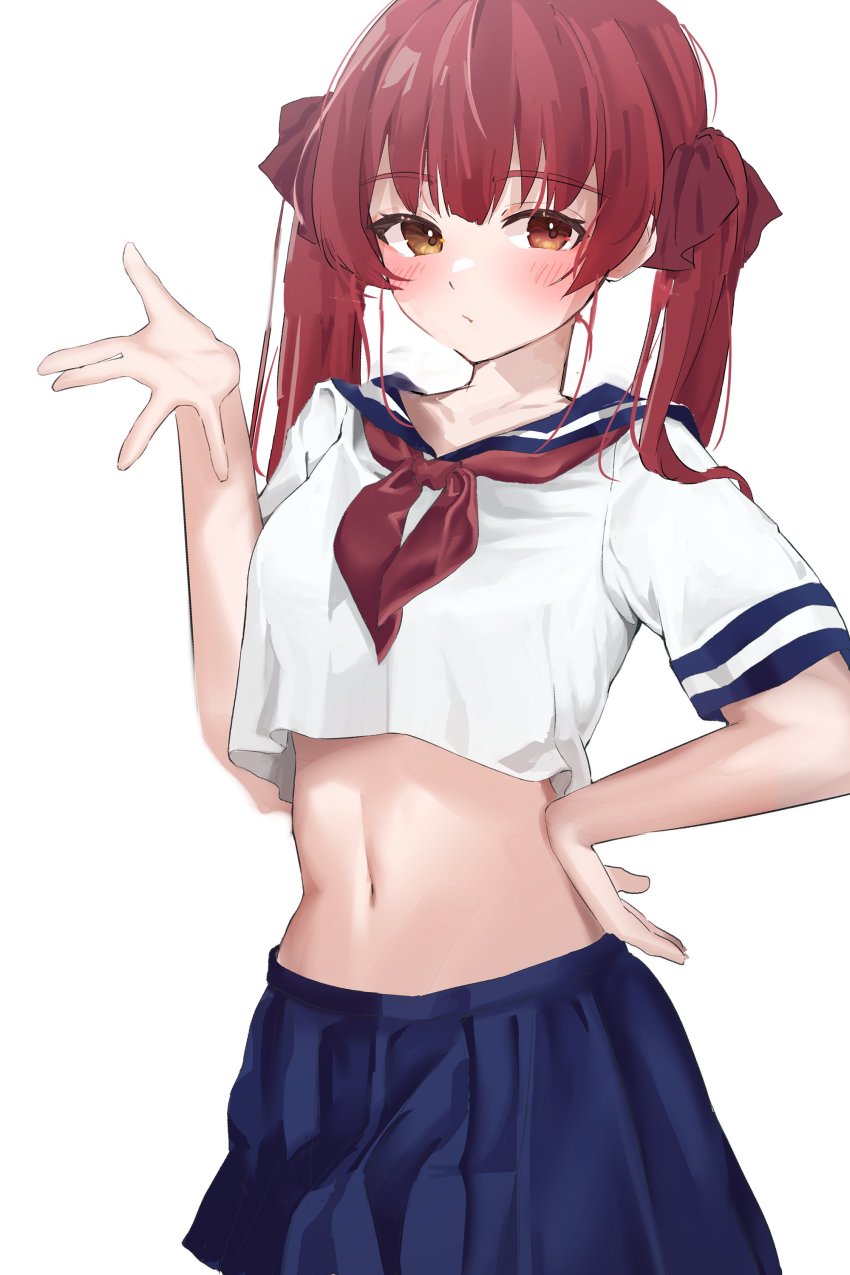 1girl, absurdres, alternate_costume, blue_skirt, blush, breasts, closed_mouth, commentary