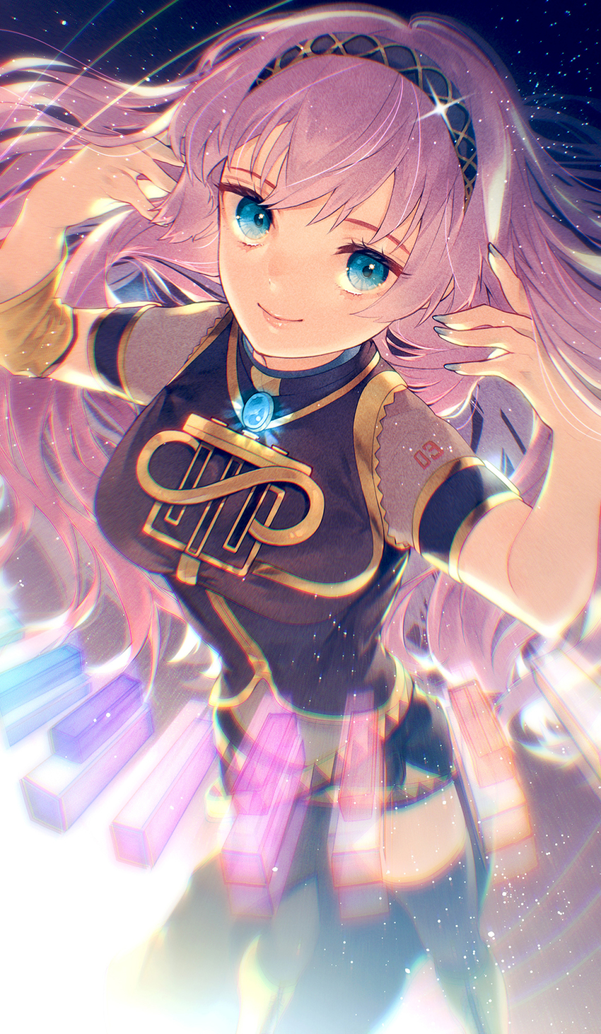 1girl, black_hairband, black_thighhighs, blue_eyes, blue_nails, breasts, closed_mouth, floating_hair, foreshortening, hairband, highres, long_hair, looking_at_viewer, medium_breasts, megurine_luka, nail_polish, pink_hair, short_sleeves, smile, solo, sparkle, standing, star_(sky), suzuri_suzuna, thighhighs, very_long_hair, vocaloid