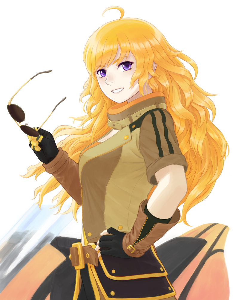 1girl, ahoge, amuno, belt, black_gloves, blonde_hair, breasts, brown_belt