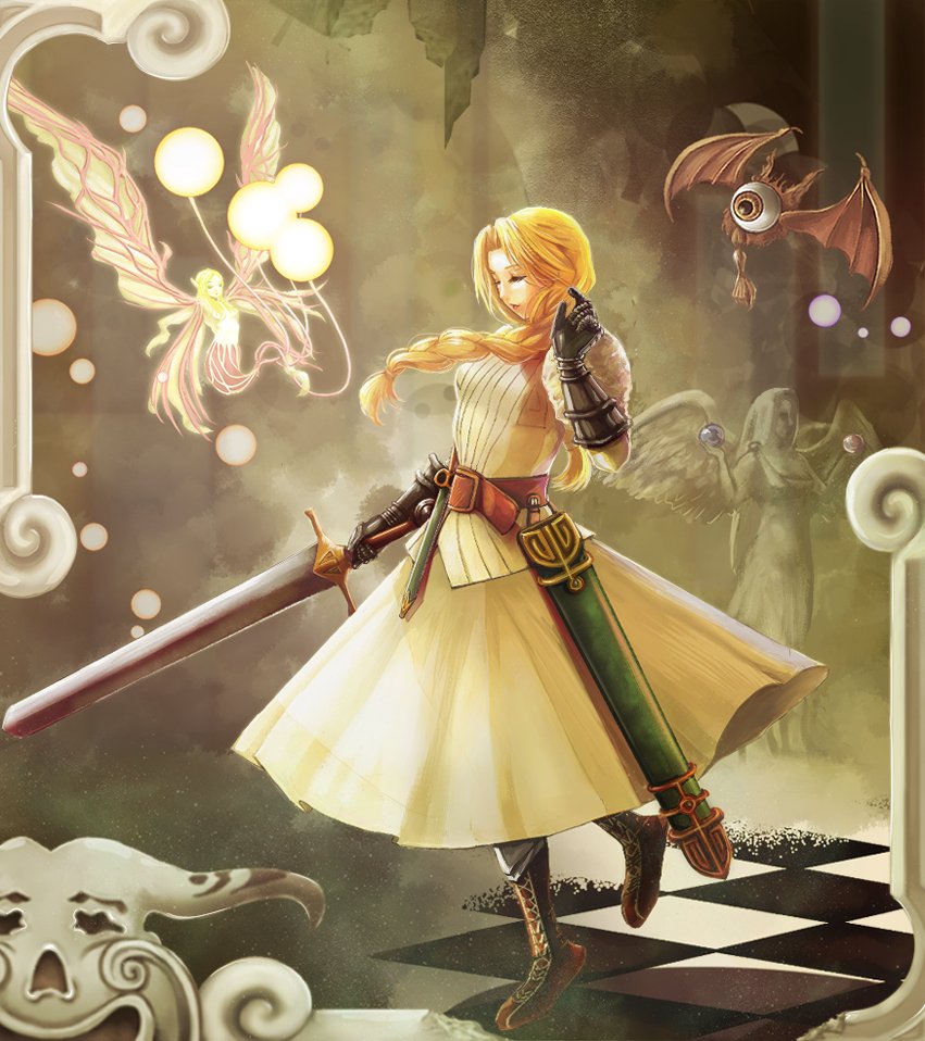 1girl, breasts, closed_eyes, long_hair, monster, mystic_ark, sword, weapon