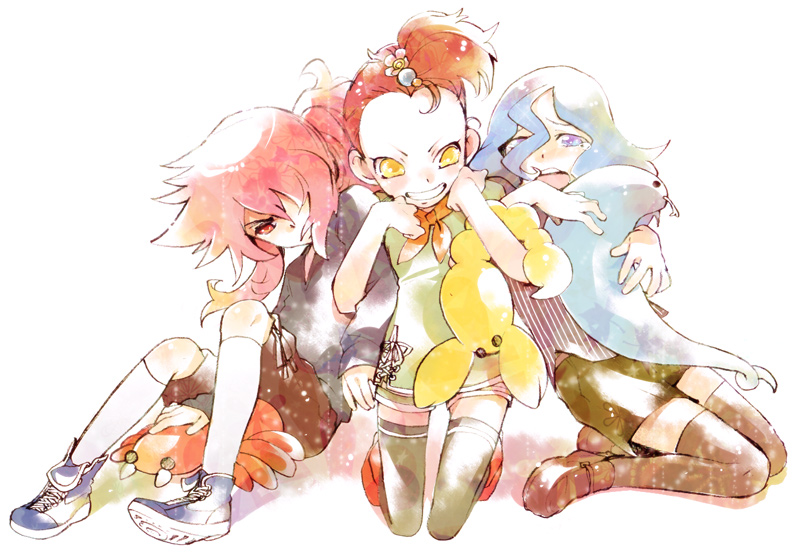 10s, 1girl, 2boys, bad_id, bad_pixiv_id, blue_eyes, blue_hair, brown_hair