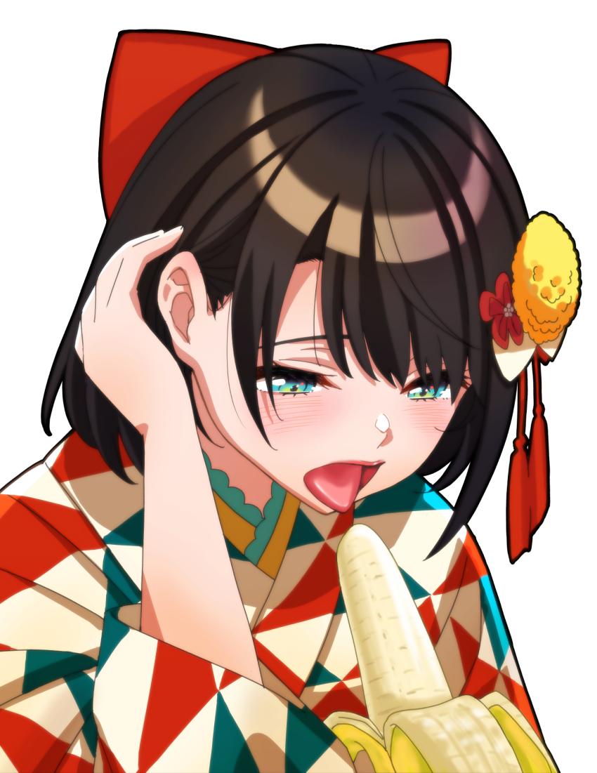 1girl, aqua_eyes, banana, black_hair, bow, eyebrows_hidden_by_hair, food, fruit, hair_bow, hair_ornament, highres, holding, holding_food, holding_fruit, hololive, japanese_clothes, kimono, medium_hair, oozora_subaru, oozora_subaru_(new_year), open_mouth, sexually_suggestive, solo, tongue, tongue_out, upper_body, virtual_youtuber, zabudog777