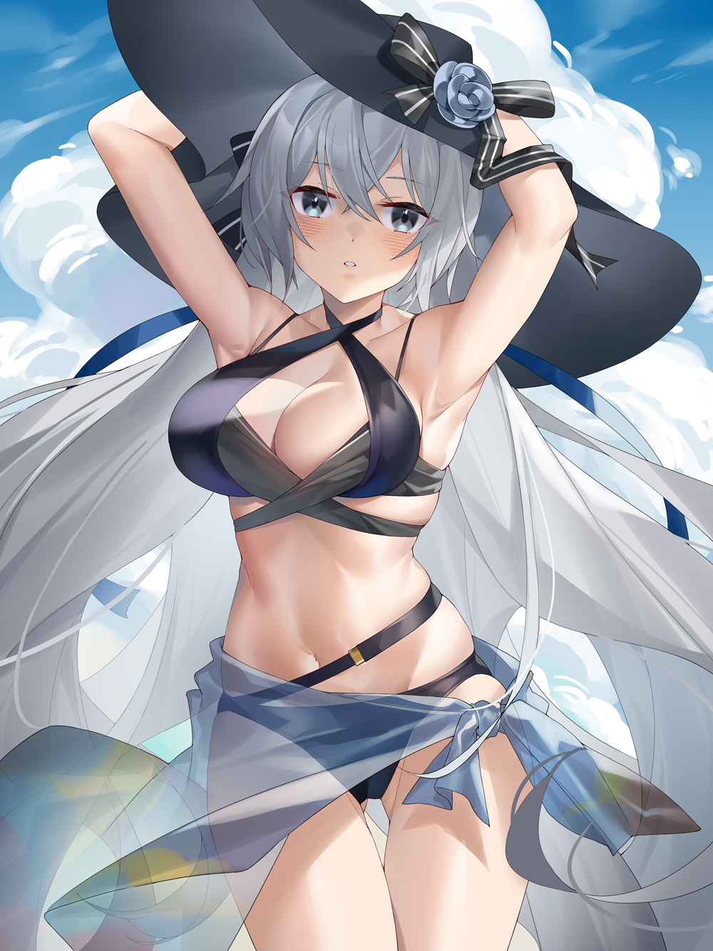 armpits, arms_behind_head, arms_up, bikini, breasts, bronya_zaychik, bronya_zaychik_(silverwing:_n-ex), bronya_zaychik_(summer_2022), cleavage, cowboy_shot, criss-cross_halter, crossed_bangs, drill_hair, ginklaga, grey_eyes, grey_hair, halterneck, hat, highres, honkai_(series), honkai_impact_3rd, long_hair, sarong, see-through_clothes, sun_hat, swimsuit, twin_drills